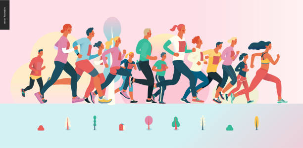 Marathon race group Marathon race group - flat modern vector concept illustration of running men and women wearing winter sportswer. Marathon race, 5k run, sprint. Creative landing page design template, web banner someone walking sneakers stock illustrations