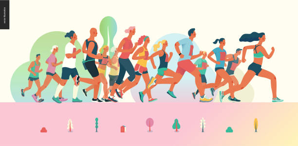 illustrations, cliparts, dessins animés et icônes de groupe de course de marathon - manche de qualification