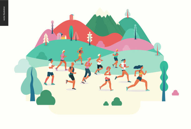 마라톤 인종 그룹 - marathon running jogging group of people stock illustrations