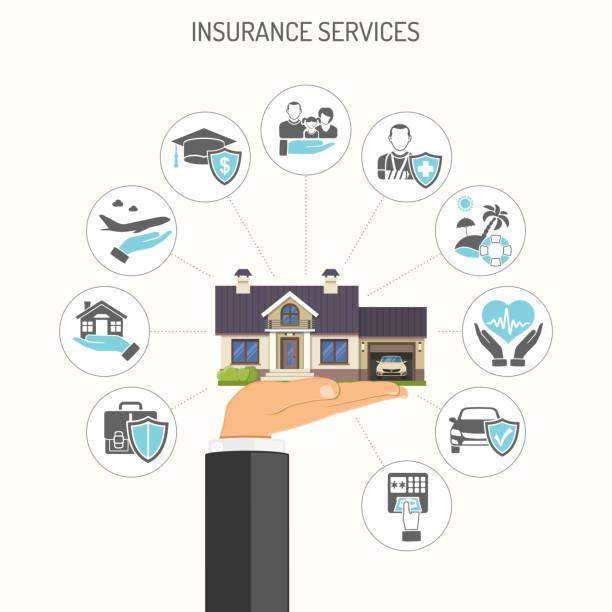 Insurance Services Concept Insurance Services Concept with hand hold Home and flat icons House, Education, Money and Family Insurance. Isolated vector illustration insurer stock illustrations