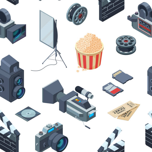 Vector cinematograph isometric pattern or background illustration Vector cinematograph 3d isometric elements of set pattern or background illustration watch cartoon gold illustration and painting stock illustrations