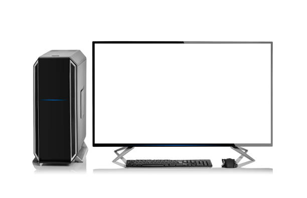 istock Modern stylish desktop personal computer with rgb led illumination on white background. 1080331640