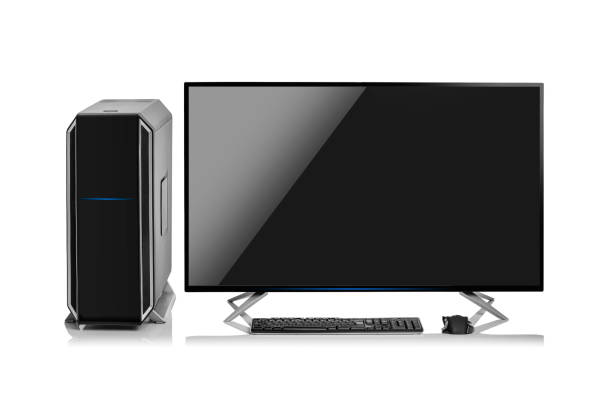 istock Modern stylish desktop personal computer with rgb led illumination on white background. 1080331732
