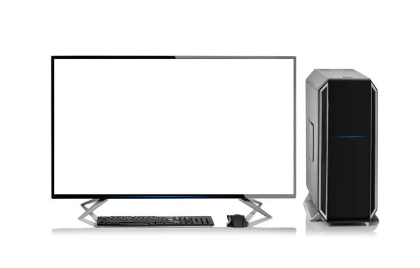 istock Modern stylish desktop personal computer with rgb led illumination on white background. 1080331772