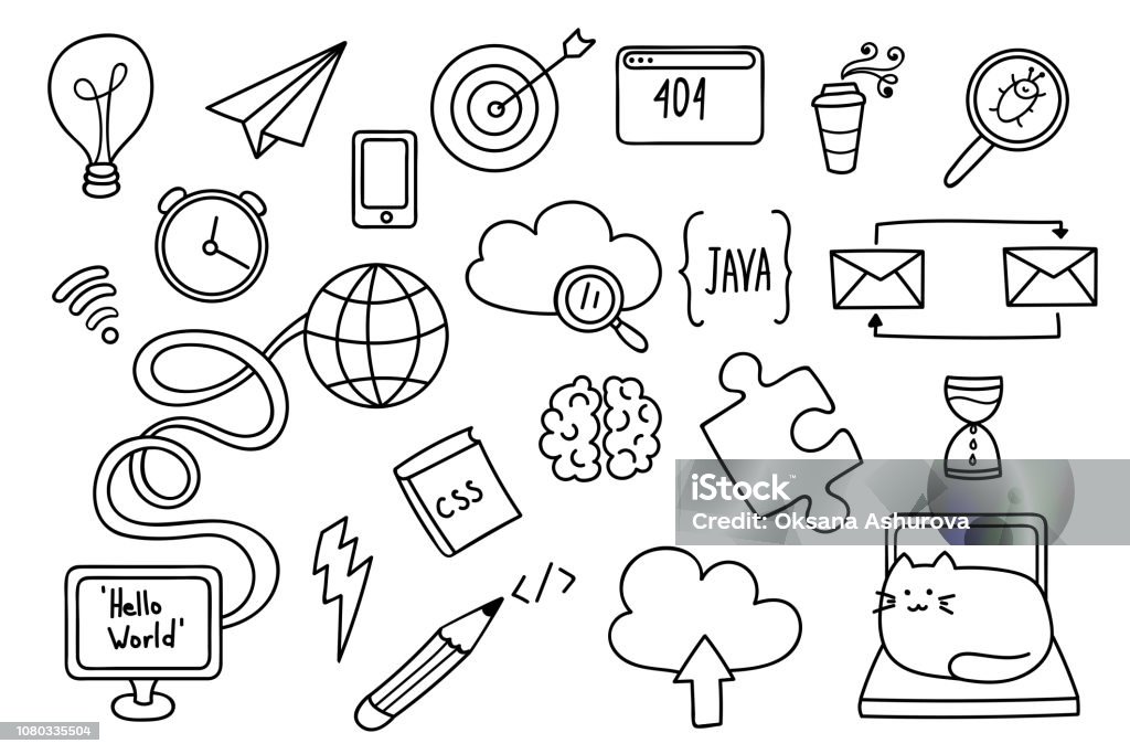 Doodle set with web development objects. Programmer's items in cartoon outline. Easy to change color. Vector doodle art. Computer Language stock vector