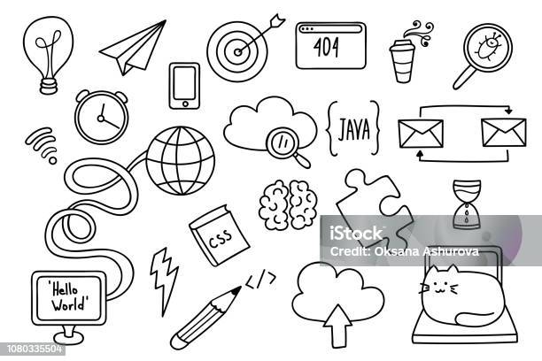 Doodle Set With Web Development Objects Programmers Items In Cartoon Outline Stock Illustration - Download Image Now