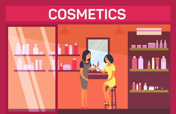 ilustrações de stock, clip art, desenhos animados e ícones de woman sitting with lipstick at cosmetic shop - boutique fashion indoors shopping