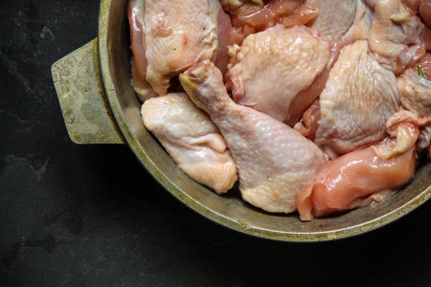 istock chicken crude pieces - raw meat (dark background). top view. to copy space 1080336314