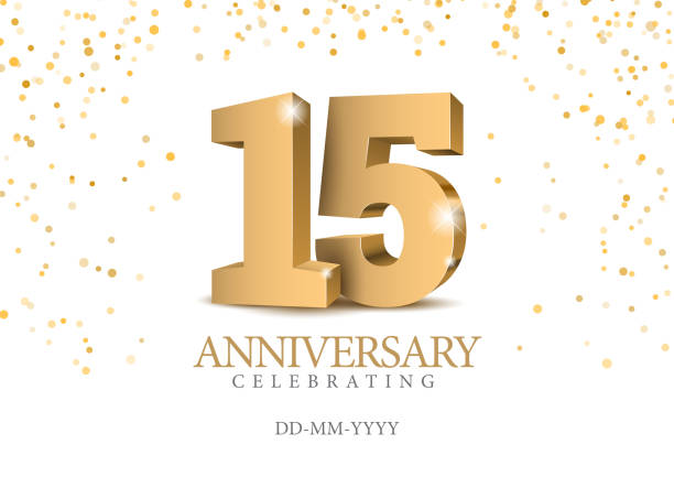 Anniversary 15. gold 3d numbers. Anniversary 15. gold 3d numbers. Poster template for Celebrating 15th anniversary event party. Vector illustration circa 15th century stock illustrations