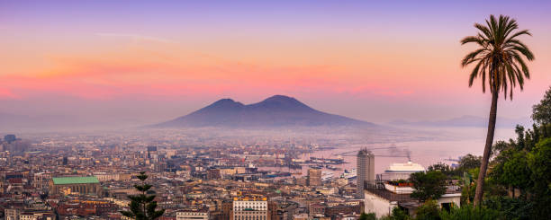 panoramic view of Naples (napoli) and vesuvius at sunset. Campania, Italy