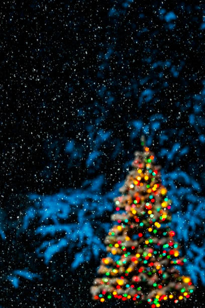 istock Snowy Christmas night with bokeh Christmas tree lights - Background 1080344316