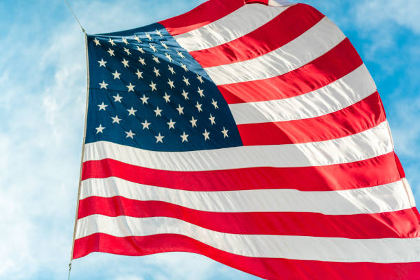 istock American flag waving in blue cloudy sky 1080347890