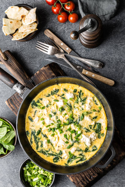istock omelette with spinach and cheese in a pan on the concrete background top view 1080349576
