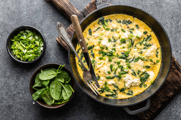 istock omelette with spinach and cheese in a pan on the concrete background top view 1080349928