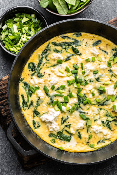 istock omelette with spinach and cheese in a pan on the concrete background top view 1080349946
