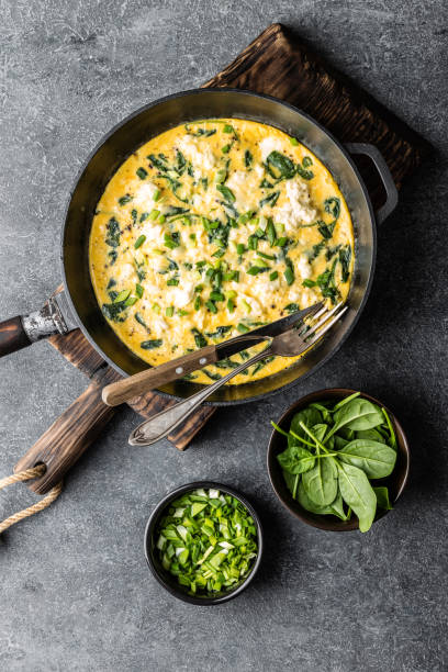istock omelette with spinach and cheese in a pan on the concrete background top view 1080350112