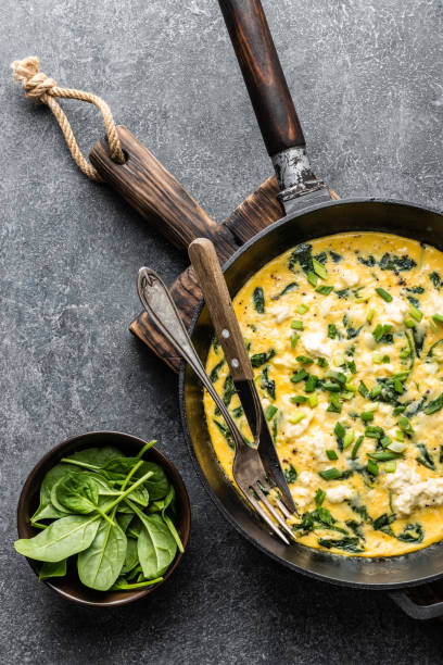 istock omelette with spinach and cheese in a pan on the concrete background top view 1080350224