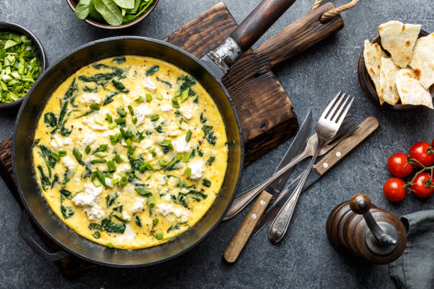 istock omelette with spinach and cheese in a pan on the concrete background top view 1080350442