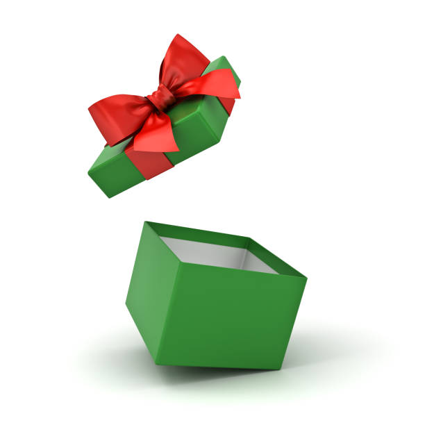 istock Open green gift box or blank present box with red ribbon bow isolated on white background with shadows 3D rendering 1080352918