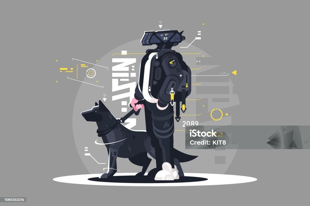 Drone dude walking with dog Drone dude walking with dog vector illustration. Robot going with doggy on leash flat style design. Futuristic services and future technologies concept Robot stock vector