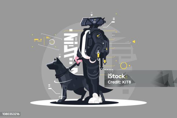 Drone Dude Walking With Dog Stock Illustration - Download Image Now - Robot, Dog, Futuristic