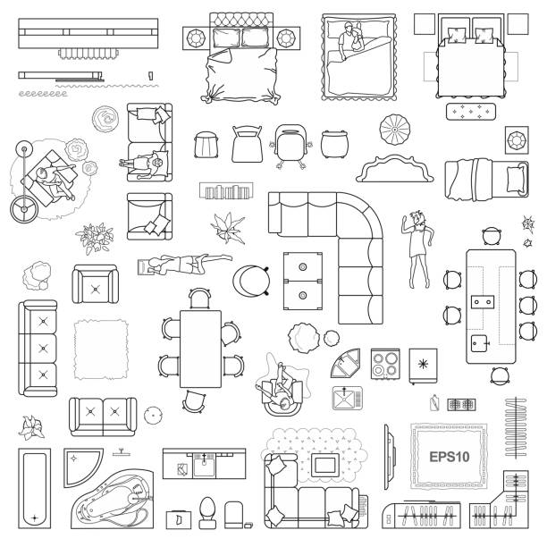 grundriss-symbole für innen- und architektonische entwurf (ansicht von oben) festgelegt. möbel-dünne linie-symbol in der draufsicht für layout. bauplan-wohnung. vektor - grundriss stock-grafiken, -clipart, -cartoons und -symbole