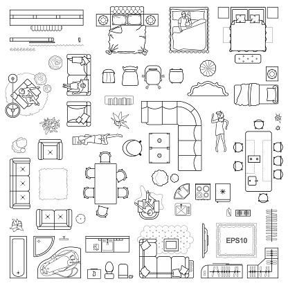 Floor plan icons set for design interior and architectural project (view from above). Furniture thin line icon in top view for layout. Blueprint apartment.