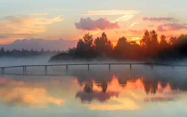 landscape, morning on the lake, fog, dawn, outdoor, environment