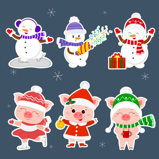 ilustrações, clipart, desenhos animados e ícones de cartão de natal e ano novo. uma etiqueta de conjunto de três bonecos de neve e três porcos personagem em diferentes chapéus e poses no inverno. caixa de presente, patinagem no rinque, crackers, bebida. estilo de cartoon, vetor - three animals audio