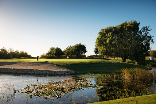 Wide angle view of a golfer hitting a putt towards the flag on an elevated green that sits above a water feature. Photographed in the late autumn light on a course on the island of Møn in Denmark. Colour, horizontal with some copy space.