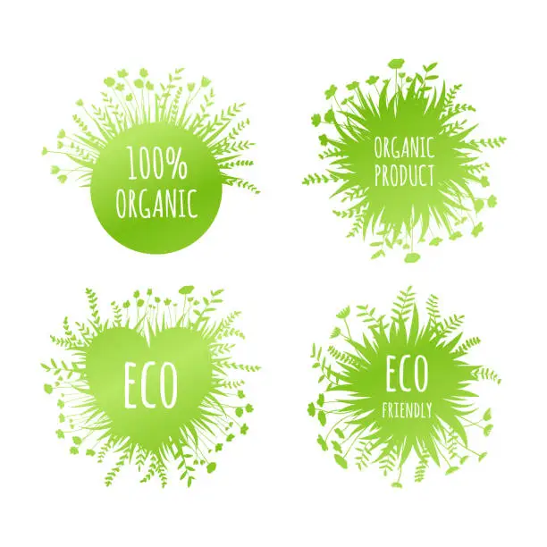 Vector illustration of Vector green grass: natural, organic, bio, eco label and shape on white background