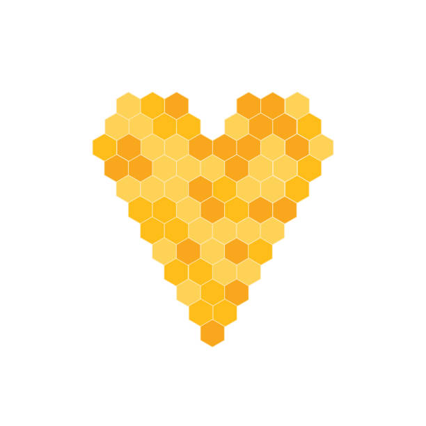 ilustraciones, imágenes clip art, dibujos animados e iconos de stock de corazón de vectores en forma de panal. fondo, etiqueta para productos apícolas. - honey hexagon honeycomb spring