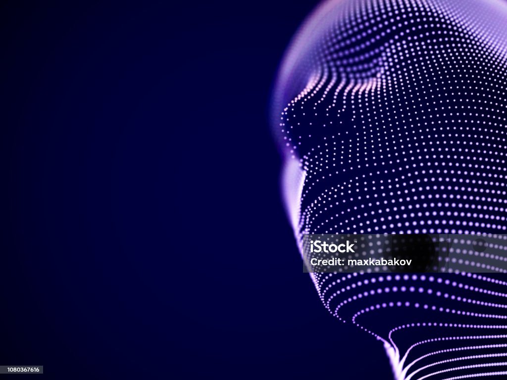 Virtual reality concept: abstract visualization of artificial intelligence Concept of virtual reality or cyberspace: male face consisting of particles. Futuristic man or robot head. Abstract visualization of artificial intelligence and future. EPS 10, vector illustration. Artificial Intelligence stock vector