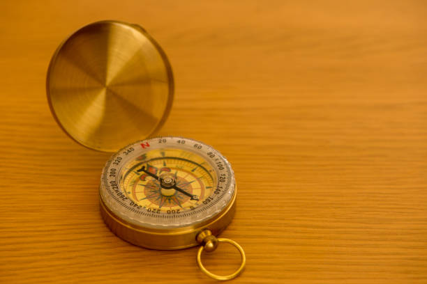 istock A golden compass on a wooden table 1080368256