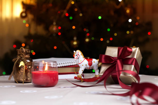 istock Christmas holidays composition with copy space for your text. Christmas gift box with red ribbon. 1080372114