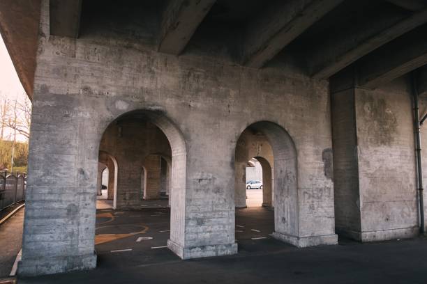 istock Asphalt empty parking under the bridge in the evening 1080374286