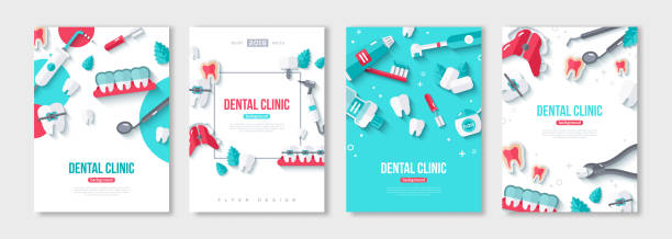 Dentistry posters set Dentistry posters set with Flat Icons on Blue and White Background. Vector illustration. Dental Concept Frame. Healthy Clean Teeth. Dentist Tools and Equipment. dentists office stock illustrations