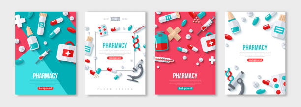 Pharmacy Posters Set Pharmacy Posters Set With Flat Icons. Vector illustration for medical or healthcare presentation, document cover and layout template design. Drugs and Pills, Lab Tests, Medication Concept pharmacy stock illustrations