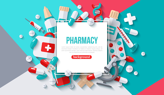 Pharmacy Banner With Square Frame and Flat Icons on Modern Geometric Background. Vector illustration. Medical Frame. Drugs and Pills, Lab Tests, Medication Concept