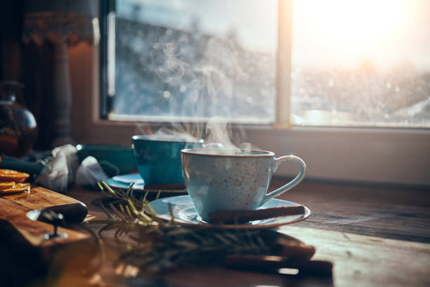 뜨거운 과일 오렌지와 계 피 차 - drinking tea cup drink 뉴스 사진 이미지