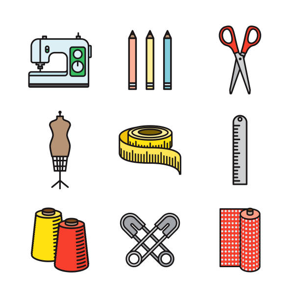 ilustrações de stock, clip art, desenhos animados e ícones de sewing supplies thin line icon set - sewing dressmakers model tape measure mannequin