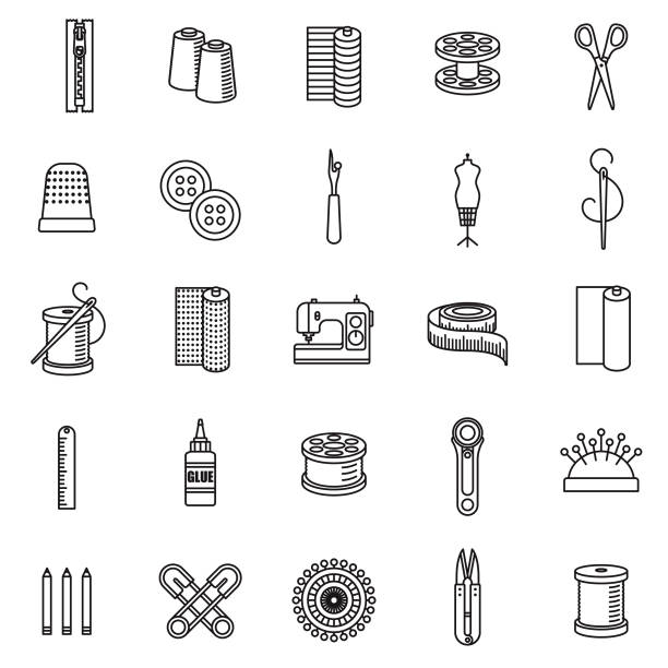ilustraciones, imágenes clip art, dibujos animados e iconos de stock de conjunto de iconos de línea fina de coser suministros - acerico