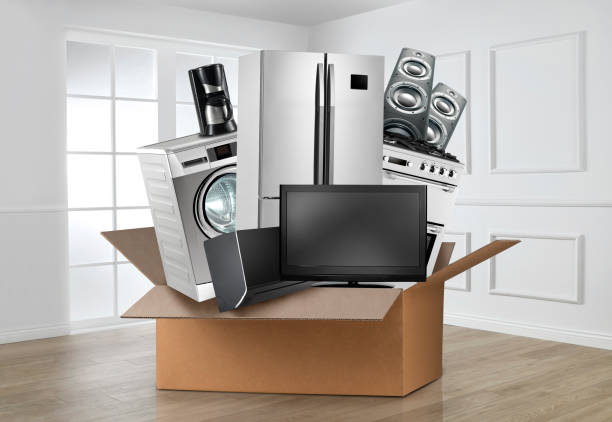 home appliances in a box - studio shot technology ideas metal imagens e fotografias de stock