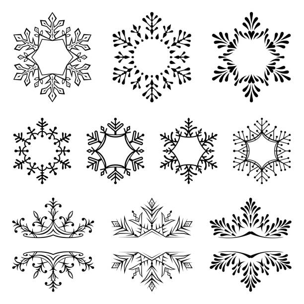 Snowflakes, design elements, frames for text Set of snowflakes. Frames for text. Vector illustration. Design elements isolated black on white background. One color - black. snowflake shape borders stock illustrations