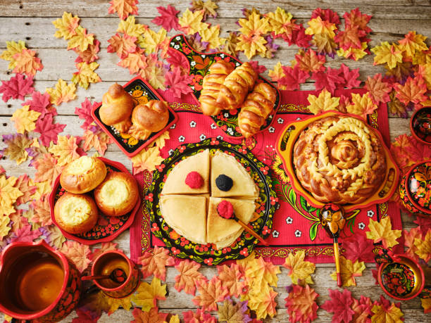 istock Russian Traditional Holiday Bread on a Table - Top Down View 1080396456