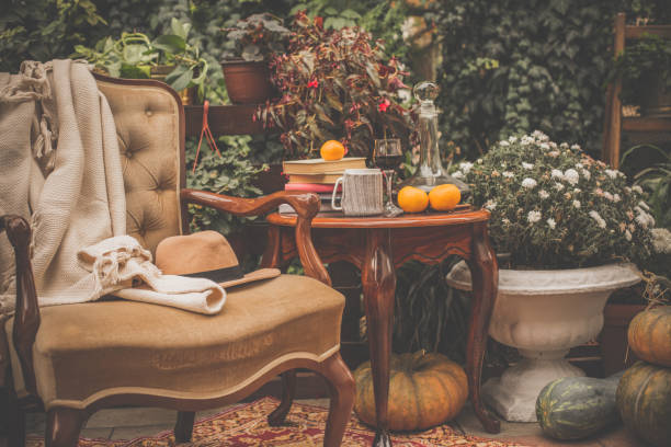 istock Cozy armchair and coffee table in backyard 1080411710