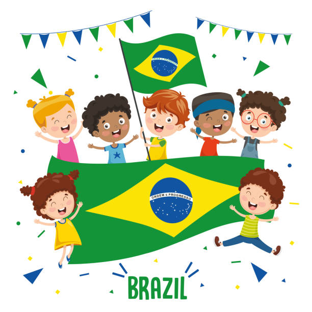 Vector Illustration Of Children Holding Brazil Flag Vector Illustration Of Children Holding Brazil Flag national anthem stock illustrations