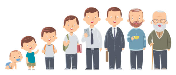 ilustrações de stock, clip art, desenhos animados e ícones de character of a man in different ages. the life cycle. a baby, a child, a teenager, an adult, an elderly person. - old growth