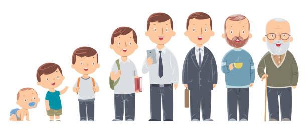Character of a man in different ages. The life cycle. A baby, a child, a teenager, an adult, an elderly person. Vector Character of a man in different ages. The life cycle. A baby, a child, a teenager, an adult, an elderly person. old person cartoon stock illustrations
