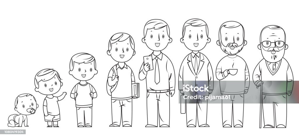 Black And White, character of a man in different ages. The life cycle. Vector Black And White, character of a man in different ages. The life cycle. Baby - Human Age stock vector